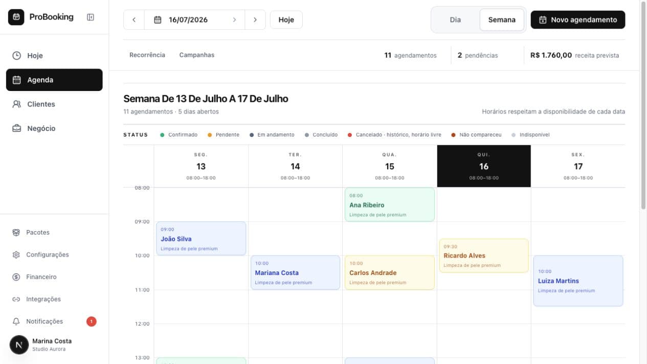 Agenda semanal do Studio Aurora
