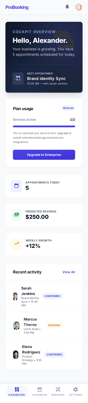 Preview do dashboard do ProBooking